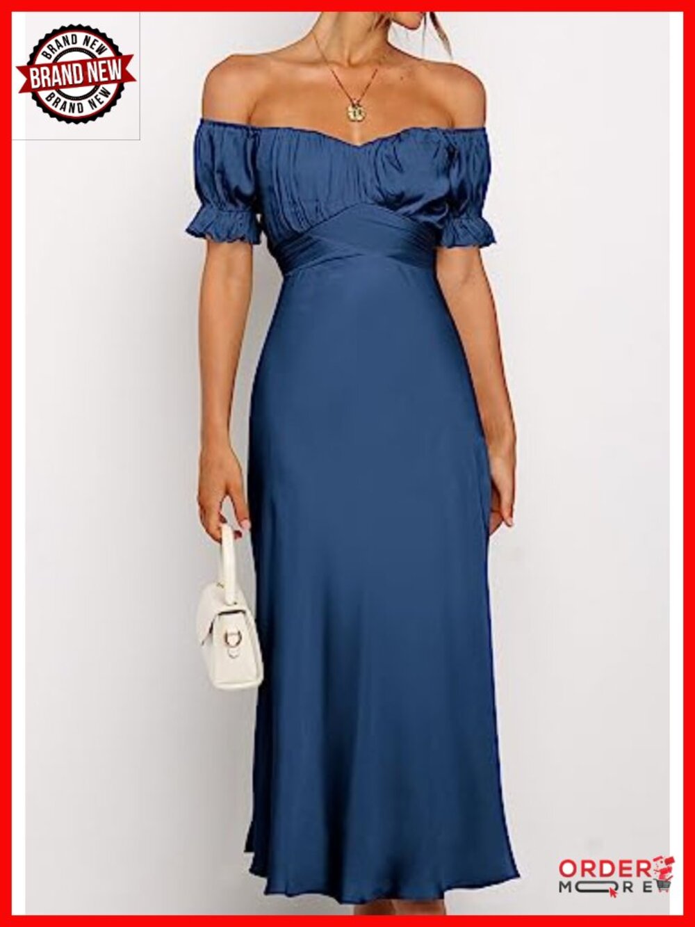 Off Shoulder Satin Midi Dress Wrap Ruched Bust Party Cocktail Formal - Picture 5 of 6